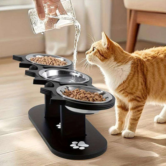 Anti-Vomiting Elevated Cat Bowls – Adjustable Stand with 3 Steel Dishes - PulinGO