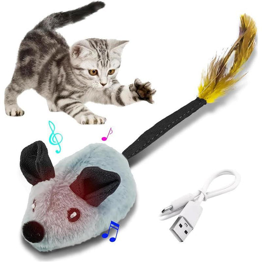 Interactive Cat Toy Mouse – USB Rechargeable Moving Mouse with LED Lights, Chirping Sound & Feather Tail for Indoor Cats