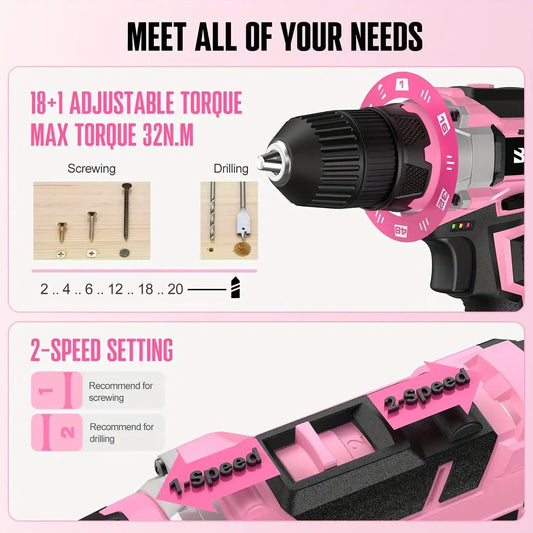 Bielmeier 20V Pink Cordless Drill & 236-Piece Tool Kit with Bag - PulinGO