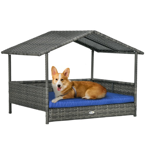 PawHut Wicker Dog House – Outdoor Rattan Bed with Canopy & Water-Resistant Cushion for Small & Medium Dogs