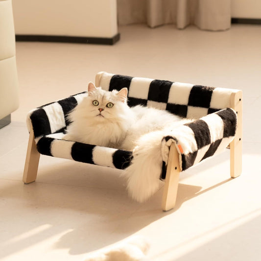 Mewoofun Raised Cat Bed – 56x45cm Sturdy Wooden Leg Sofa with Washable Cover, Soft Checkerboard Couch for Indoor Cats
