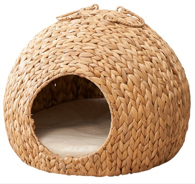 Weaving Rattan Circular Cat Bed – Handcrafted Round Pet Nest with Cushion, Breathable Design & Cozy Comfort