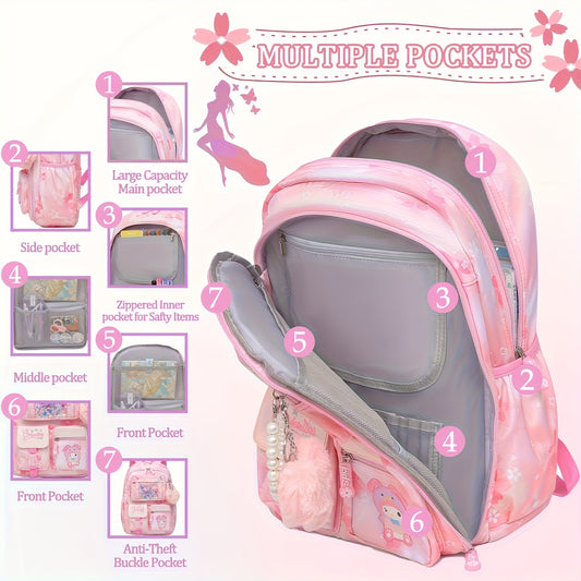Sanrio Hello Kitty Girls Backpack & Duffel Bag Set – Pastel Pink Large-Capacity School Bag + Travel Luggage