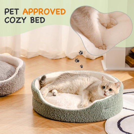 Mewoo Washable Pet Bed – 23"x23"x7" Sage Green Round Orthopedic Plush Bed with Non-Slip Bottom for Cats, Kittens & Small Dogs