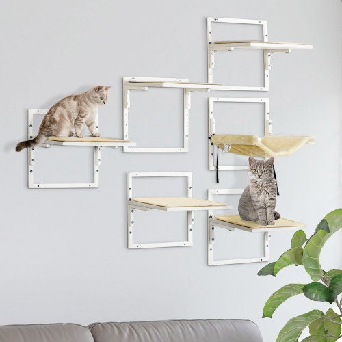 PawHut 6-Piece Modern Cat Wall Shelves – Height Adjustable Jumping Platforms & Climbing Furniture for Indoor Cats