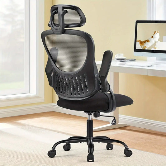 OLIXIS Ergonomic Office Desk Computer Chair, High Back Comfy Swivel Home Gaming Mesh Chairs with Wheels, Adjustable Headrest, Comfortable Lumbar Support, Flip-up Arms, 144° Tilt for Study - PulinGO