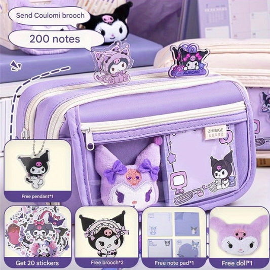 Kuromi Transparent Multi-Compartment Pencil Case – Large Capacity, Free Stickers, Violet-White Design