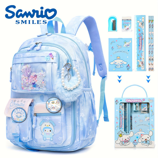 Sanrio Cinnamoroll Cartoon Shoulder Bag & Travel Backpack Set – Includes Plush Pendant, 2 Badges & Stationery, Ultra-Lightweight for New Semester 🎒✨