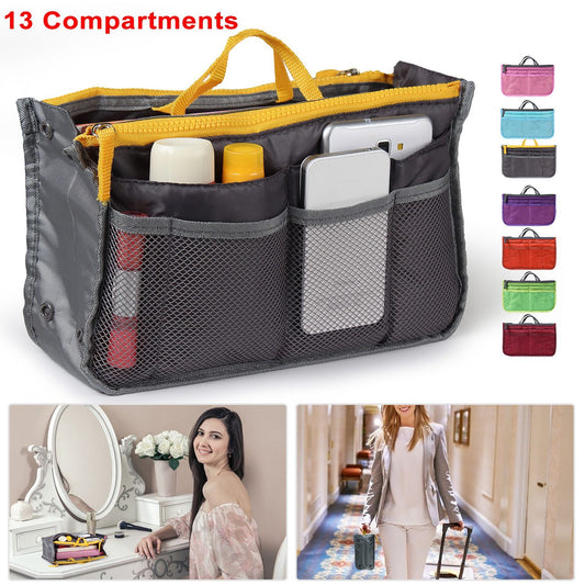 Women’s Travel Insert Handbag Organizer 👜 Multi-Pocket Makeup & Toiletry Purse Liner with Hand Strap