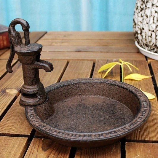Rustic Style Cast Iron Vintage Water Pump Round Bird Feeder – Outdoor Decorative Garden Tray & Gift for Bird Lovers