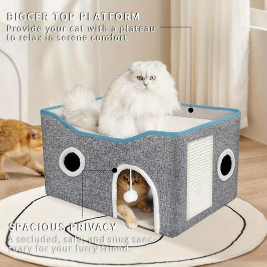 Super-Wide Indoor Cat House – Foldable & Portable, Grey