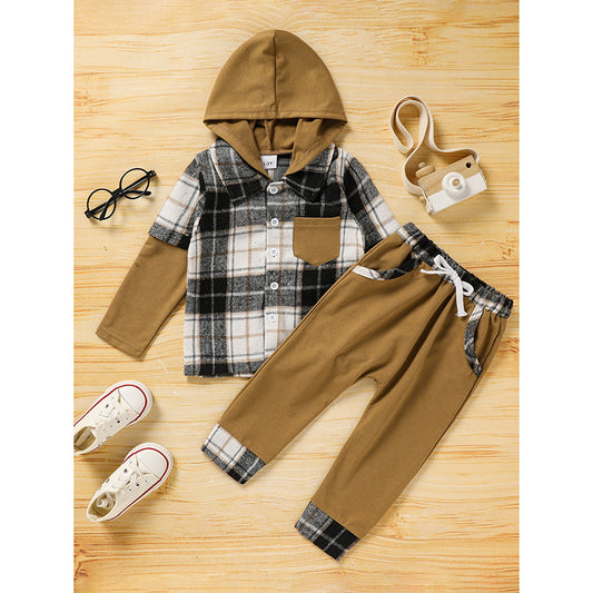 Toddler Baby Boy Plaid Long Sleeve Hoodie & Pants – 2PCS Fall Winter Outfit Set
