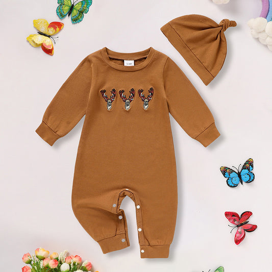 2Pcs Newborn Baby Boy Outfit – Long Sleeve Animal Print Romper with Matching Hat (Fall/Winter Set)