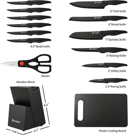 German Stainless Steel 16-Piece Knife Set 🔪 with Cutting Board, Built-in Sharpener & Non-Slip Handles
