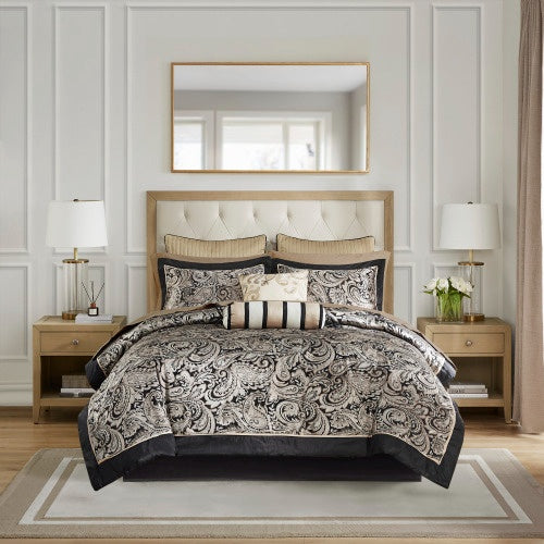 12-Piece Comforter Set with Cotton Bed Sheets – Full Size, Black Paisley Jacquard Comforter, Includes Sheets, Bed Skirt, Shams, and Decorative Pillows