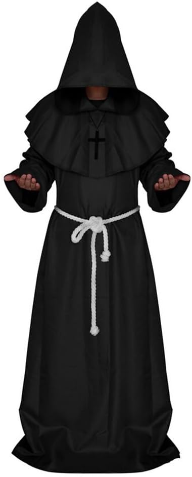 Black Medieval Monk Robe – Hooded Cloak with Rope Belt & Cross Necklace for Halloween & Cosplay ✝️🖤