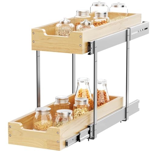 Heavy-Duty Solid Wood Pull-Out Cabinet Organizer – Adjustable 2-Tier Sliding Storage System