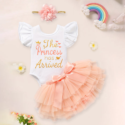 Newborn Baby Girl Outfit Set – Letter Print Romper, Tutu Skirt & Matching Headband | Coming Home Clothes