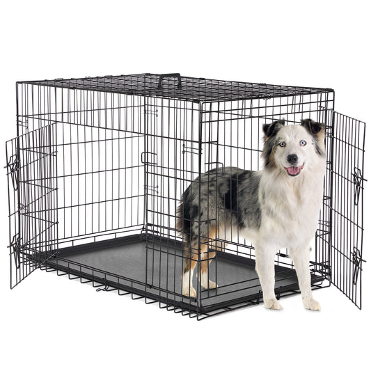 Dog Cage with Two Doors – Foldable Metal Crate with Removable Tray, Double-Locking System & Carry Handle for Small & Medium Dogs