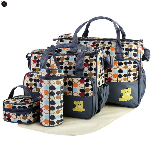 5PCS Baby Diaper Bag Set 👶 Nappy Tote with Changing Pad, Insulated Pockets & Shoulder Bags – Travel & Mummy Organizer