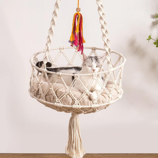 Mewoofun Boho Macrame Cat Swing – Handwoven Hanging Bed with Soft Mat & Toy, Decorative Hammock for Indoor Cats