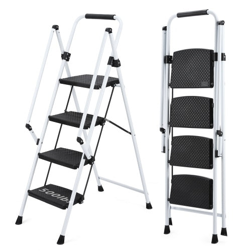 Durable 4-Step Folding Ladder with Safety Handle & Anti-Skid Pedals