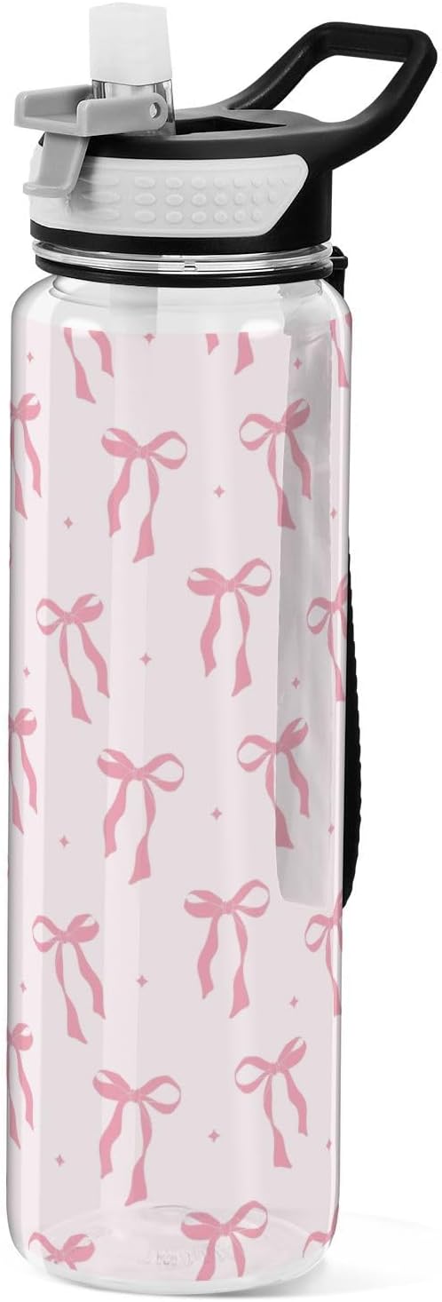 32 oz Clear Bow Tritan Water Bottle with Straw and Carry Strap