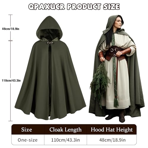 Green Hooded Medieval Cloak – Elf-Inspired Cape with Leaf Brooch & Toggle Closure for Halloween & Cosplay 🍃🧝♂️