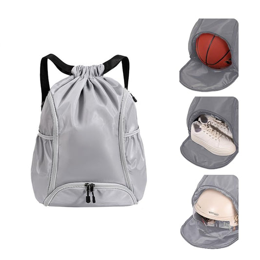 Waterproof Sports Drawstring Backpack – Lightweight Gym, Swim & Basketball String Bag with Shoe Compartment (Grey)