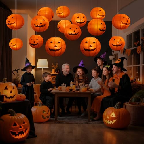 Floating Jack-O’-Lantern Halloween Lights – 12 Paper Pumpkins with 24 LED Tea Lights & Remote Control (Spooky Floating Decor)