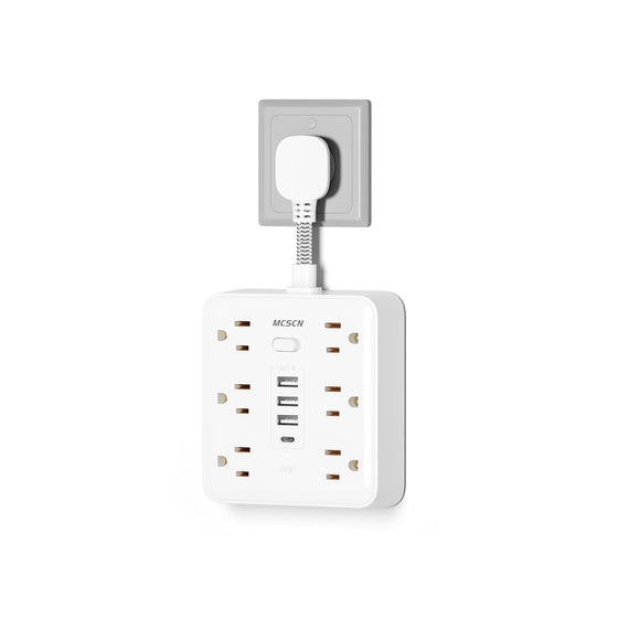 10-in-1 Slim Power Strip with Flat Plug – Surge Protector with 6 AC Outlets & USB-C (White)