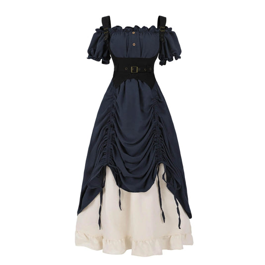 Blue 3-Piece Renaissance Pirate Costume Set – Medieval Steampunk Dress with Corset Vest & High-Low Skirt