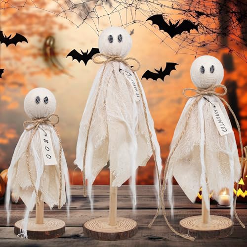 Rustic Wooden Ghost Trio – Farmhouse Halloween Decorations with BOO & Haunted Labels, 3 Sizes