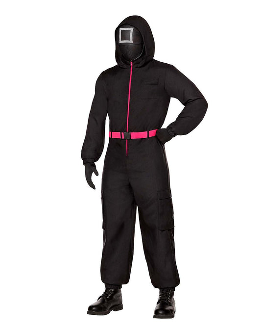 Squid Game Guard Costume for Adults – Official Black Hooded Jumpsuit with Mask, Belt & Gloves