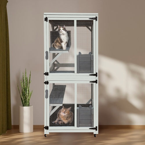 Luxury Outdoor Wooden Cat House on Wheels with Napping Shelter & Platforms