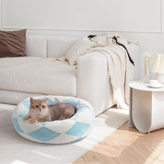 Mewoofun Donut Cat Bed – 23" Round Washable Plush Calming Pet Bed with Jacquard Shaggy Fabric & Non-Slip Bottom