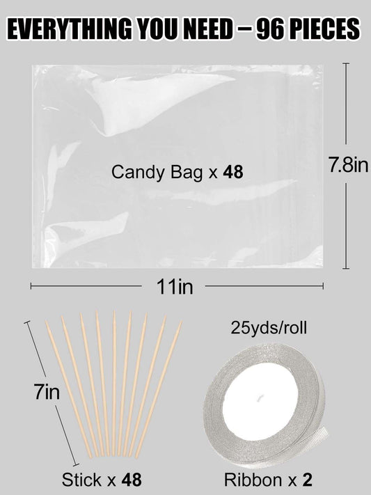 48 Pcs Candy Apple DIY Kit – Silver Glitter Edition 🍬 Includes Bamboo Sticks, Candy Wrapping Glass Paper & Glitter Ribbon