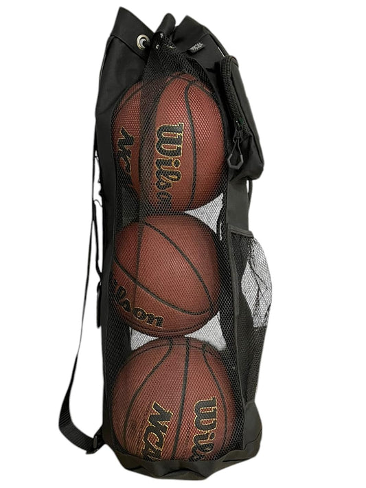 Heavy-Duty 3-Basketball Holder Bag with Zipper Pocket – Canvas & Mesh Sports Carry Sack for Players & Coaches (Black)