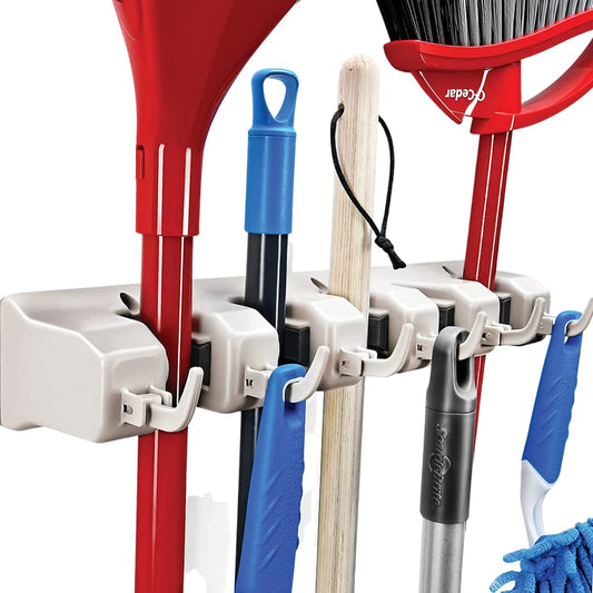 HOME-IT Wall-Mounted Mop & Broom Holder – 5 Slots & 6 Hooks Tool Organizer for Garage, Kitchen & Laundry (Off-White)