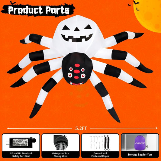 GOOSH 4FT Halloween Inflatable Spider – Black & White Light-Up Blow Up Yard Decoration with Pumpkin Design
