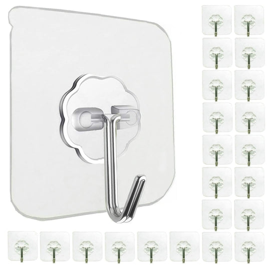 Heavy-Duty Adhesive Wall Hooks 24-Pack – Transparent 180° Rotating Stick Hooks, Waterproof & Oil-Proof (22 lb Max)