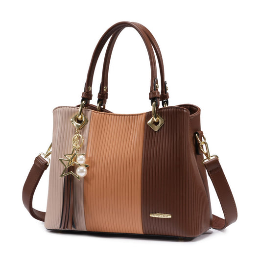 Pomelo Best Women’s Color Block Satchel Handbag – PU Leather Top Handle Tote with Multiple Pockets & Crossbody Strap (Brown Combination)