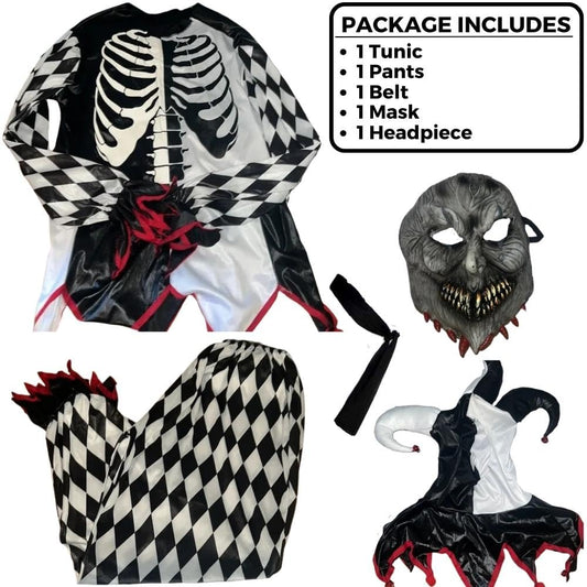 Kids Sinister Jester Costume – Black & White Multi-Piece Halloween Set with Mask, Headpiece, Tunic & Pants (Medium 8–10)