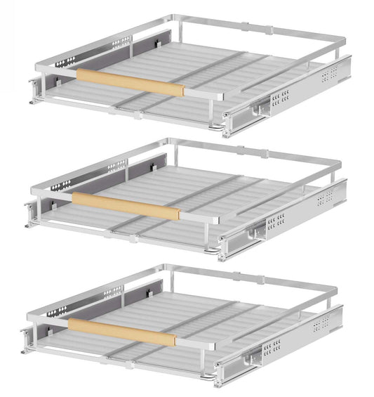 Expandable Pull-Out Cabinet Organizer – 3-Pack Heavy-Duty Slide-Out Storage Drawers (Chrome)