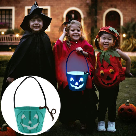 Teal Pumpkin Halloween Trick-or-Treat Bucket with Blue LED Lights – Reusable Felt Candy Bag for Allergy-Friendly Treats