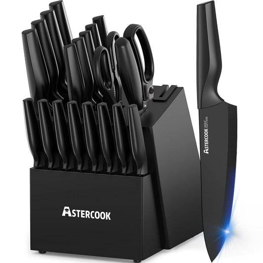 21-Piece Black Knife Block Set with Built-In Sharpener – German Steel, Non-Stick & Rust-Resistant