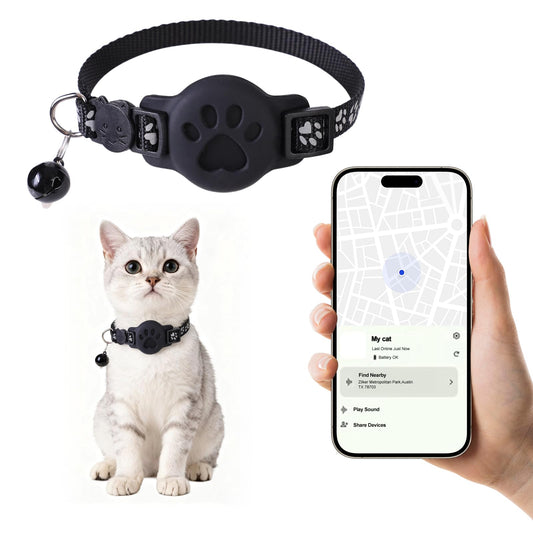 Smart GPS Tracking Cat Collar with Breakaway Safety Design & Reflective Strips – Adjustable Lightweight Tracker Holder Collar for Cats (Black)