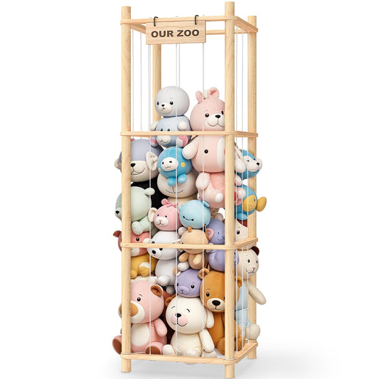 Wooden Stuffed Animal Organizer Tower – Large Capacity Toy Storage Zoo (Natural)