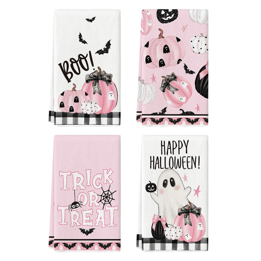 Pink Halloween Dish Towels – 4Pc Soft & Absorbent Cotton Tea Towels with Cute Seasonal Print (18x26 in, Artoid Mode)