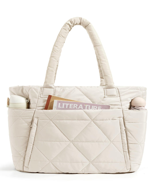 BAGSMART Puffy Tote Bag for Women – Lightweight Quilted Shoulder Tote with Zipper & Laptop Compartments (Beige)